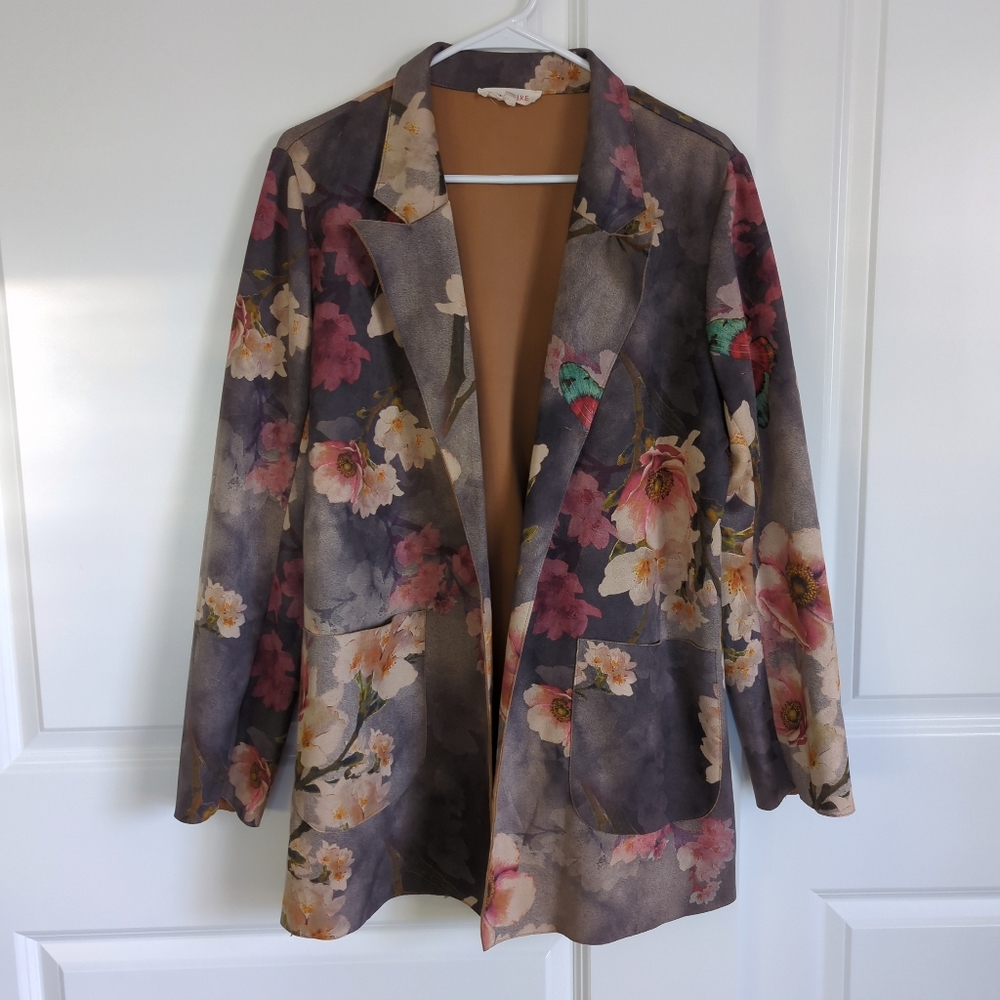 Anthropologie Solitaire Womens Floral Open Blazer Faux Suede Brown Lining Soft